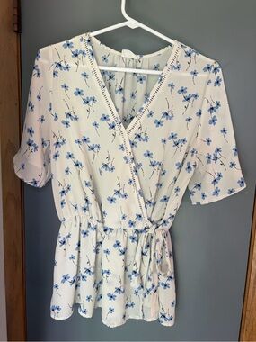 Floral Wrap Peplum Blouse - Blue Floral